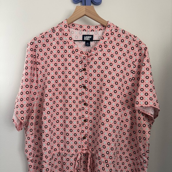 Lands’ End 3X Button Front Shirt Dress Wood Lily Medallion Tile Orange - Picture 3 of 10